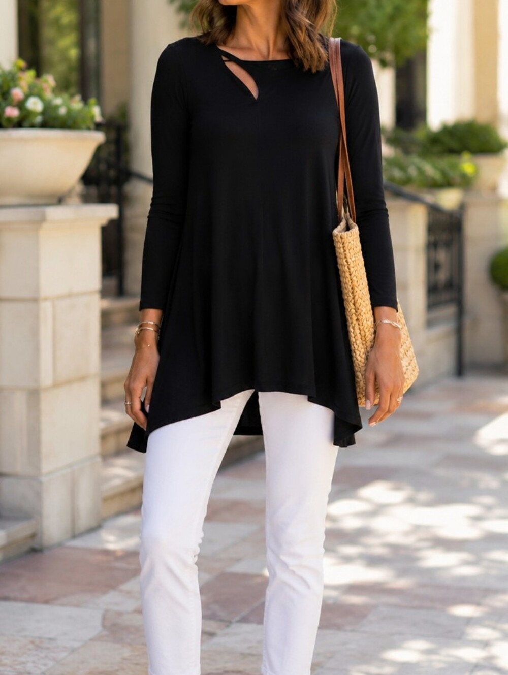 Sympli Black Stretch Jersey Long Sleeve Cutout Neck Tunic Top Swing Hem